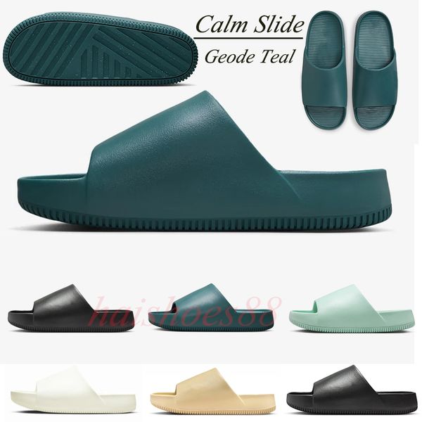

2023 designer slippers calm slide comfort sandal leather geode teal jade ice flats womens beach slides summer outdoor slipper women shoe, Black