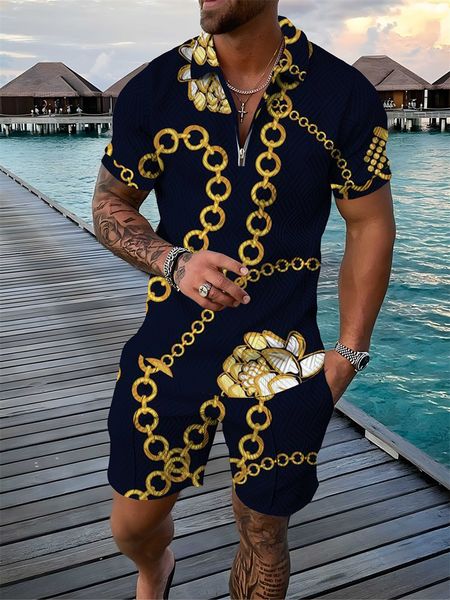 

men's tracksuits men's tracksuit casual summer chain print short sleeve polo shirt shorts suit two-piece set oversized male clothi, Gray