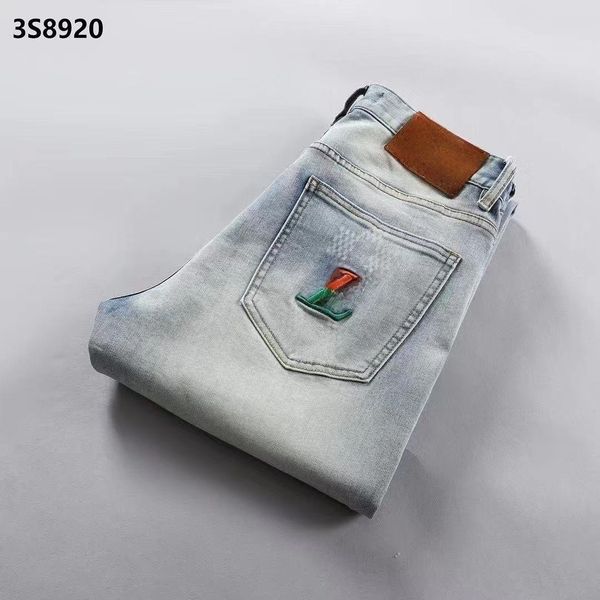 

designer men's letter jeans washed high street stretch jeans straight leg high street letter print casual pants, Blue