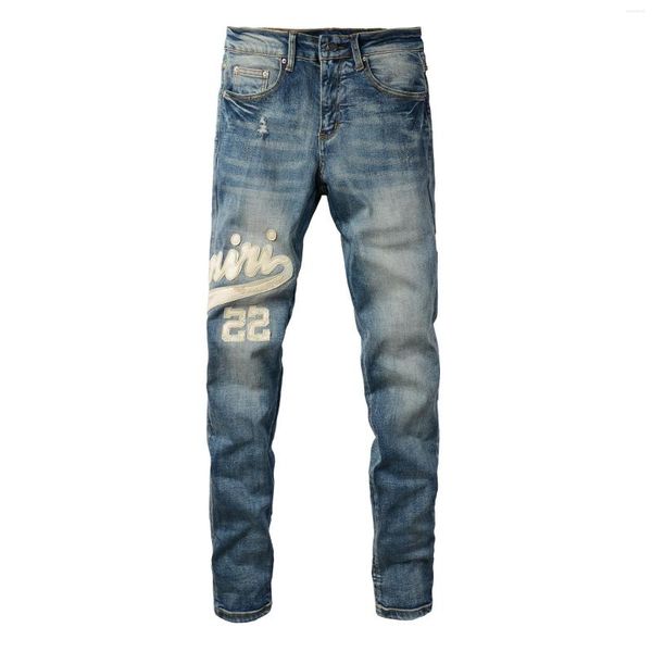 

men's jeans pants slim style letter veneer cotton street fashion casual high, Blue