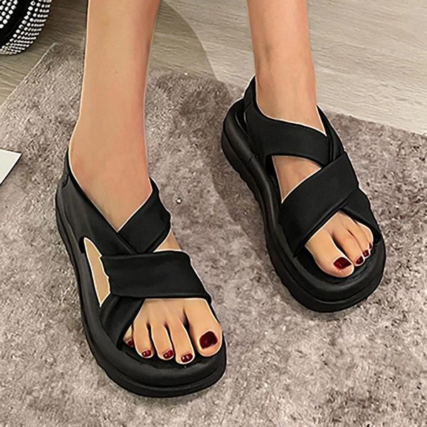 

sandals ladies summer fashion open toe thick bottom preppy flat shoes est solid slip on casual beach for women, Black