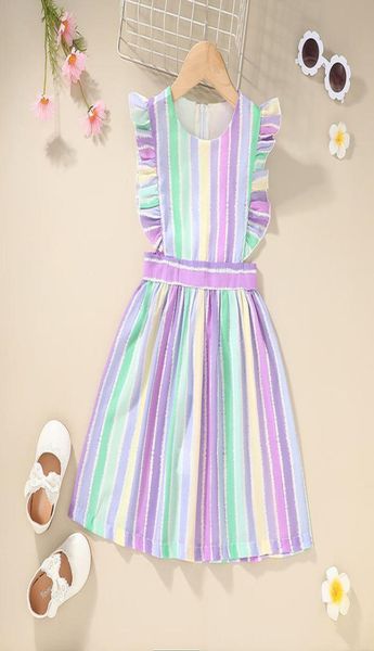 

girls rainbow sleeveless dresses sumner 2021 latest kids boutique clothing 15t children ruffle sleeves cotton dress5227006, Red;yellow