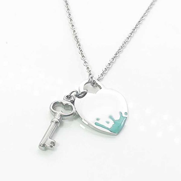 

key heart necklace female stainless steel couple big blue pink green pendant jewelry for neck gift girlfriend accessories, Silver