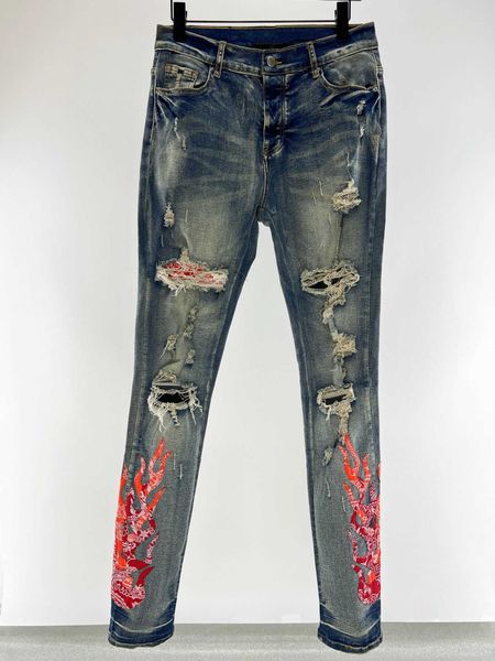 

2023ssmen's distressed ripped skinny jean fired patten leg slim motorcycle moto biker causal denim pants hip hop men, Blue