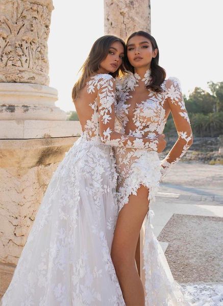 

high side split wedding dresses long sleeve lace 3d floral appliqued high collar mermaid bridal gowns custom made beach vestidos d2465488, White