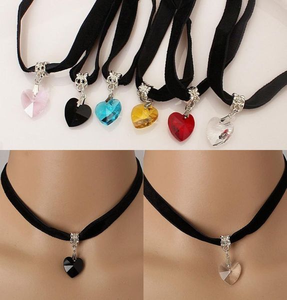 

europe and the united states velvet belt chain heartshaped crystal pendant lace black peach heart necklace female simple jewelry 2075638, Silver