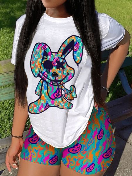 

women's two piece pants lw multicolor two pieces shorts suits cartoon mixed print shorts set short sleeve pullover white all print bott