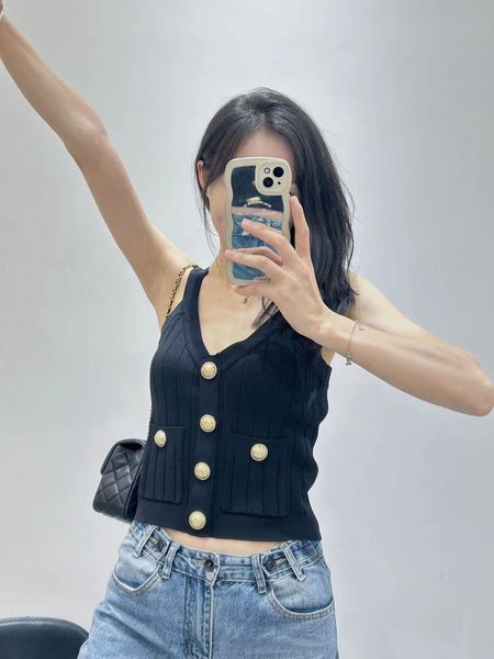 

ba1 main knit vest luxury camisole brand designer courreges 2023 summer spicy girls diagonal shoulder tank button knit short halter camisol, Black;white