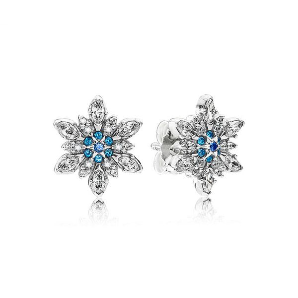 

blue stone snowflake stud earrings for pandora real 925 sterling silver luxury earring set for women girls crystal diamond designer earrings, Golden;silver