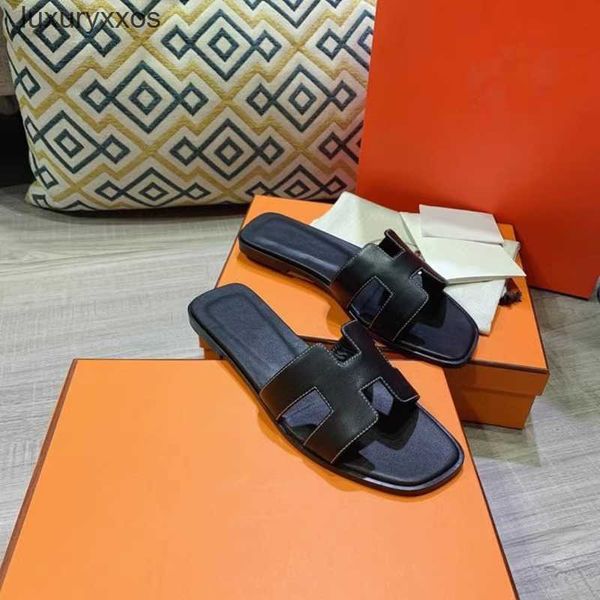 

genuine oran one slipper designer women lady versatile sandals h wear hh leather 2023 summer type word brown beach shoes exuf
