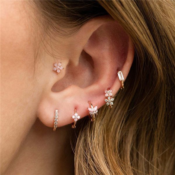 

6pcs/set pink flower stud earrings designer for woman white aaa cubic zirconia 18k gold copper diamond butterfly earring luxury fashion jewe, Golden;silver