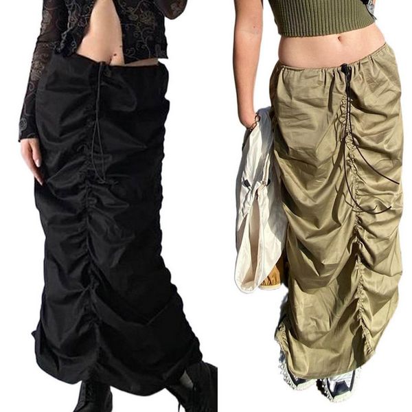 

skirt solid color skirt drawstring pleated adjustable elastic high waist half dress casual daily clothes 230707, Black