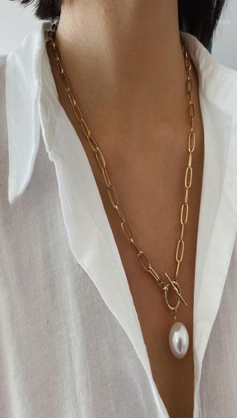 

pendant necklaces srcoi metal thick chain white pearl balls necklace toggle clasp big chunky simple punk style long female12812333, Silver