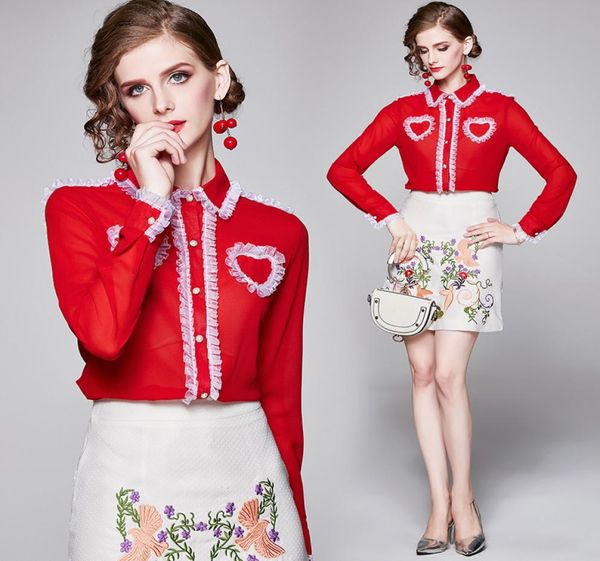 

new 2019 runway western style fashion waveselvedge heartshaped design blouses ladies casual office button front long sleeve shirt1499285, White