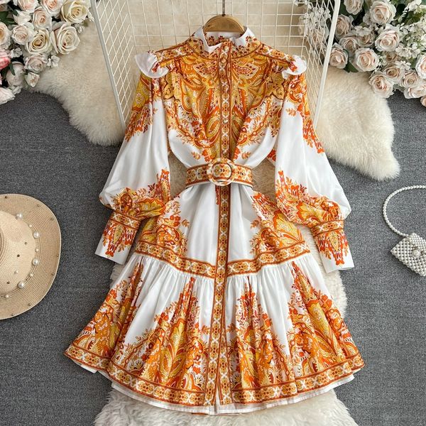 

high end light luxury elegant lantern long sleeved standing neck waistband slim single breasted a-line positioning printed dress, Black;gray