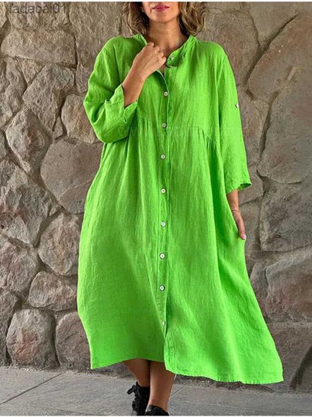 

linen loose shirt dress women summer fashion casual streetwear 2023 solid button black white long dress female party vestidos l230621, Black;gray