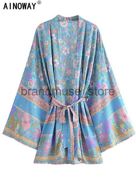 

casual dresses vintage chic floral print sashes bohemian kimono women v neck batwing sleeves happie short robe boho bikini cover-ups j230707, Black;gray