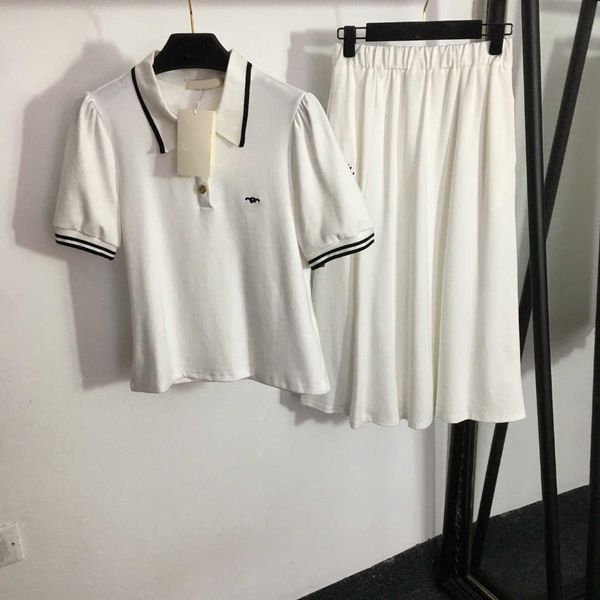 

womens designer clothing solid color girl two piece dress size s-l polo neck short sleeved and high waisted split skirt, White