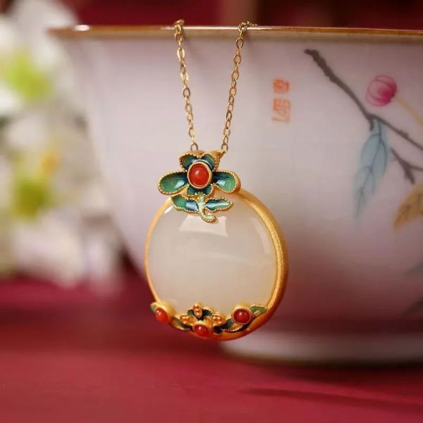 

sterling silver ancient gold and tian jade necklace female enamel koi lotus classical jade pendant luxury necklace
