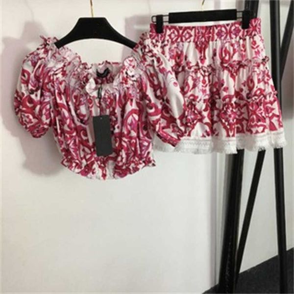 

designers 2 piece set red print skirts retro floral print one-line collar short-sleeved short bralette lace border high waist short skirt c, White