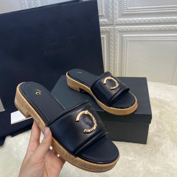 

women designer platform sandals summer channel slippers chain leather sandal outdoor beach flat woman ccity nvbng, Black