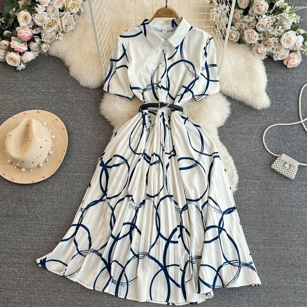 

luxury and elegant style short sleeved polo neck with waist to show slim mid length a-line printed pleated shirt dress, Black;gray