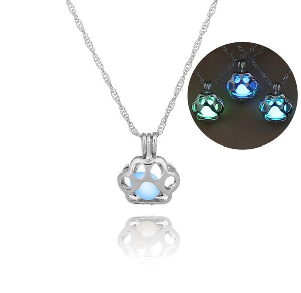 

glow in the dark metal pet dog paw pendant necklaces for woman animal dogs hollow locket pendants night luminous light7695420, Silver