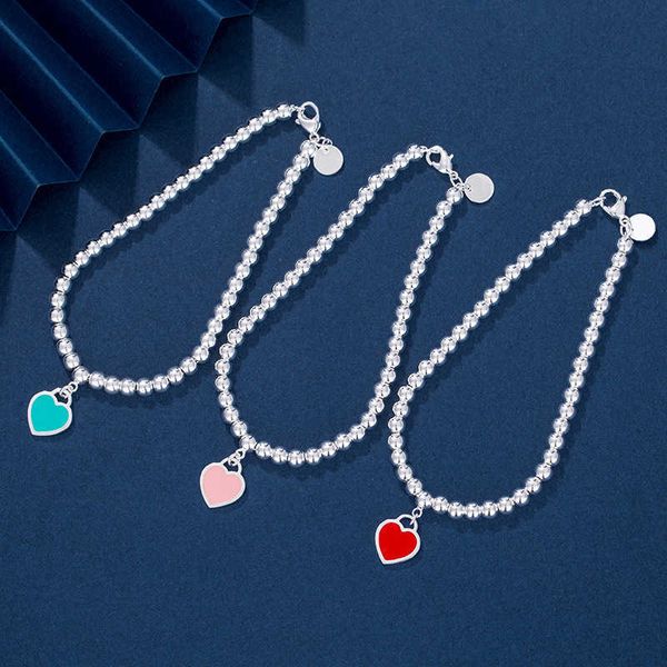 

internet celebrity tiffay s925 enamel love heart shaped pendant round bead bracelet blue red pink light luxury women's, Black