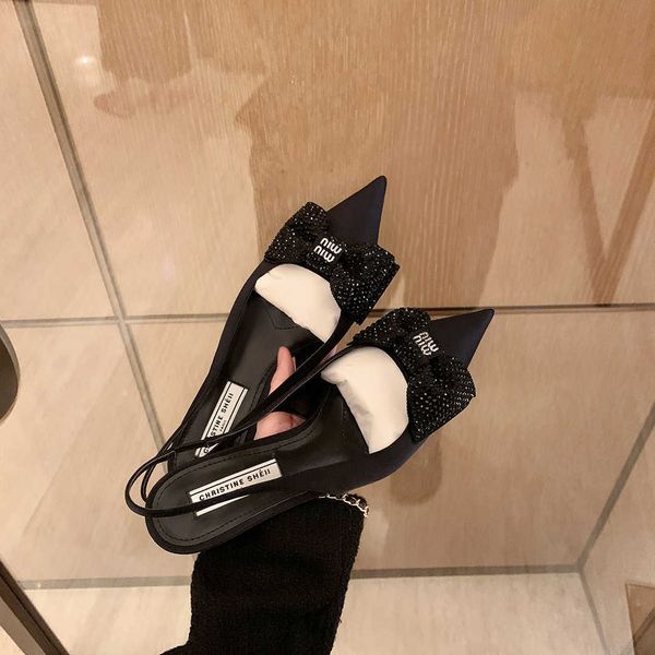 

sheii suyin night banquet highlights_ pointed diamond bow knot cat ol single female wedding shoes mid heel sandals, Black