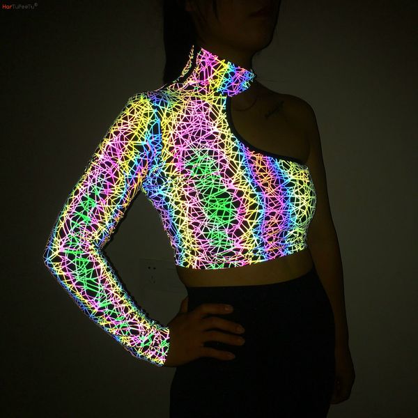 

women s t shirt reflective rainbow bodycon t shirt women 2023 spring summer crop single shoulder halter slim fit tees 230707, White