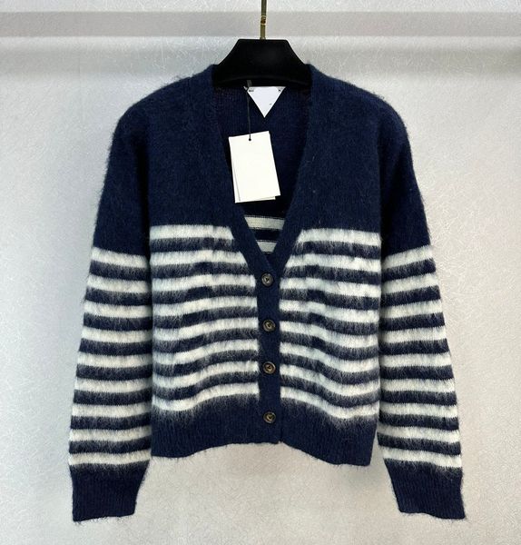 

women's sweater european fashion brand dark blue mohair white striped knitting cardigan, White;black