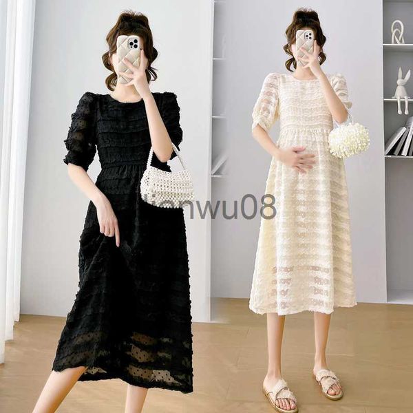 

maternity dresses 9916# 2023 summer korean fashion maternity midi long dress elegant lace a line slim clothes for pregnant women pregnancy x, White