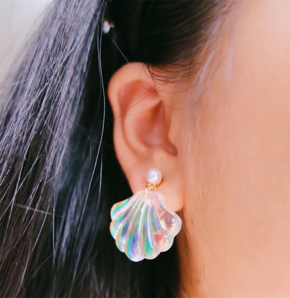 

new exquisite 1pair allergy unique romantic resin colorful mermaid rainbow pearl shell earrings 253175, Silver