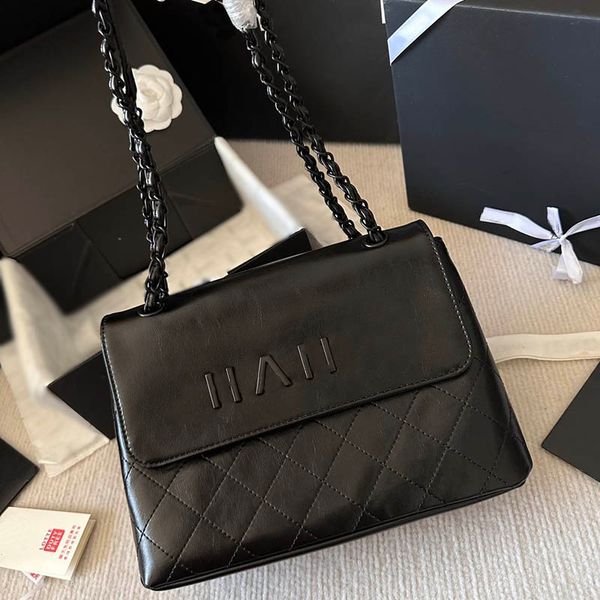 

dark style large capacity women crossbody designer bag leather quilted black hardware luxury handbag vintage double chain classic flap fanny