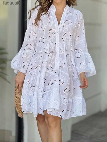 

vneck flare sleeve embroidery dress women hollow out pattern mini dresses summer loose vintage solid lace dress fashion l230621, Black;gray