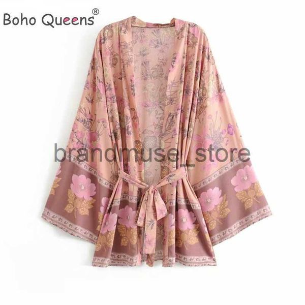 

casual dresses boho queens women floral print sashes bat sleeve beach bohemian kimono dresses ladies v neck summer bikini cover-ups j230707, Black;gray