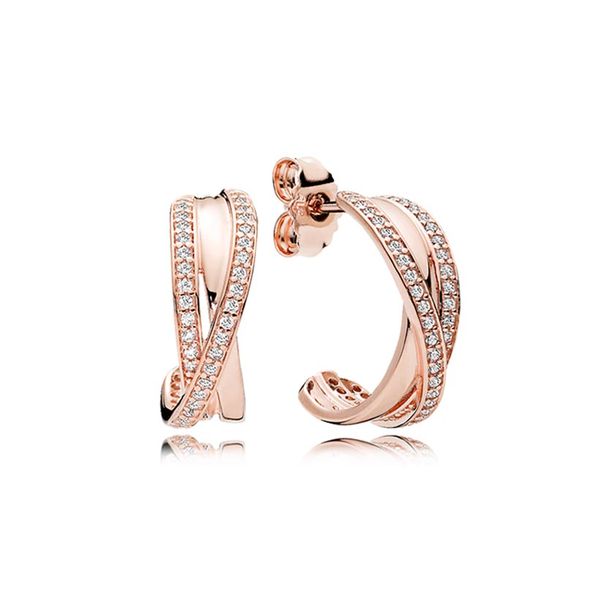 

luxury rose gold hoop earrings for pandora crystal diamond lines hook earring set party jewelry for women girls designer earrings with origi, Golden;silver