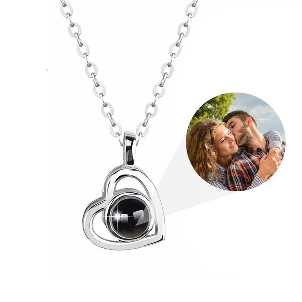 

pendant necklaces custom po projection necklace with picture inside i love you 100 languages personalized heart gift 230707, Silver