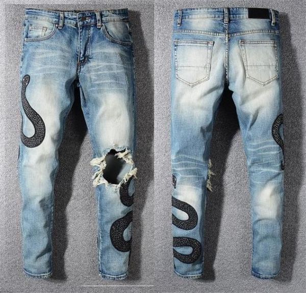 

fashion men039s jeans hombre italy style men distressed embroidery snakes pants broken patches washed blue skinny jean slim tro6328231