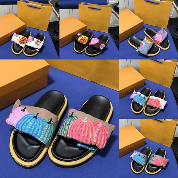 

designer slippers men's and women's sandals sun and pumpkin print luxury thick sole shoes silk fabric couple jelly beach slippers, Black
