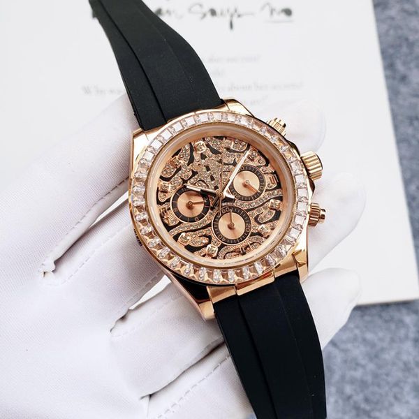 

men's automatic mechanical watch diamond ring classic style 40mm rubber strap stainless steel dial diamond face watch sapphire super br, Slivery;brown