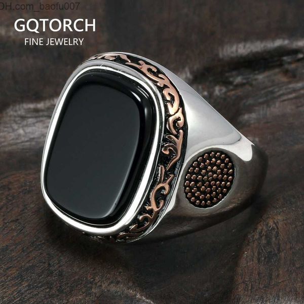 

solitaire ring solitaire ring real pure mens rings silver s925 retro vintage turkish for men with natural black onyx stones turkey jewelry z, Golden;silver