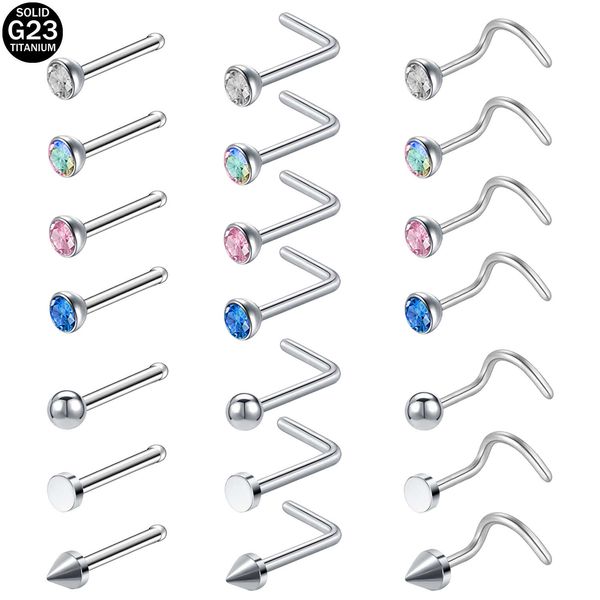 

zs 3-4pcs/lot g23 titanium nose piercing set 2/3mm round cz crystal nose studs 20g screw bone l-shaped nostril piercing jewelry