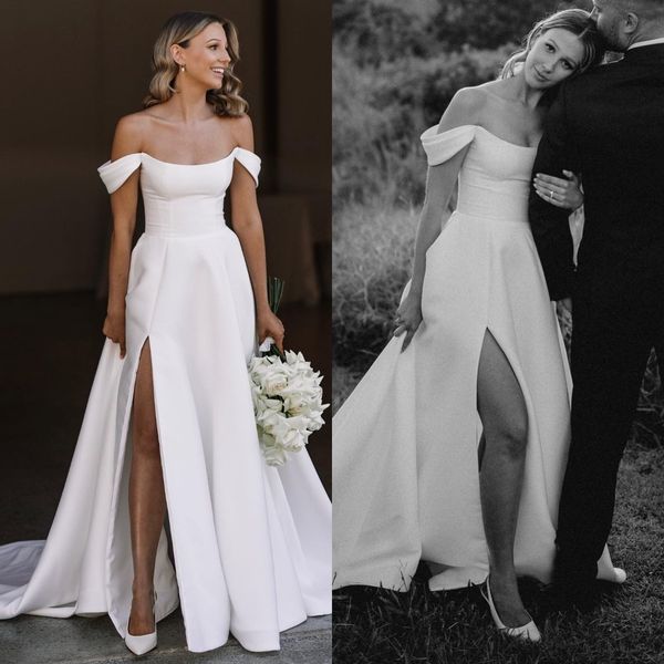 

boho a line wedding dresses for bride off shoulder satin wedding dress slit backless designer bridal gowns sweep train, White