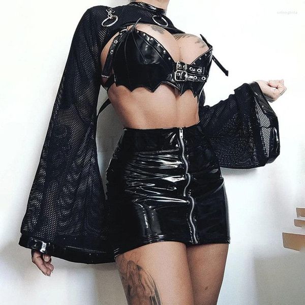 

women's tanks goth bat pu tank suit mesh smock crop 2 piece set black gothic y2k fairy grunge punk street hiphop nightclub, White
