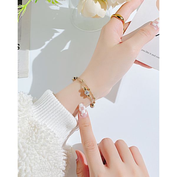 

net red double layer wear titanium steel hand jewelry simple fashion ol all round bead stainless steel bracelet, Black