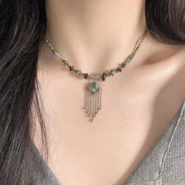 

beaded necklaces national style ruyi fringed jade ping an lock necklace women's new chinese retro national style versatile collarbone c, Silver