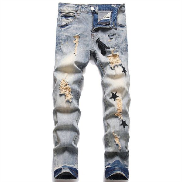 

designer jeans mens skinny jeans desig colors pants long hippop sticker embroidery straight streetwear pants wholesale 29-38 #12, Blue