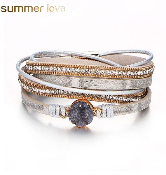 

fashion multilayer leather bracelet women vintage stone crystal wrap cuff bangle magnetic clasp handmade wristband jewelry5746997, Golden;silver