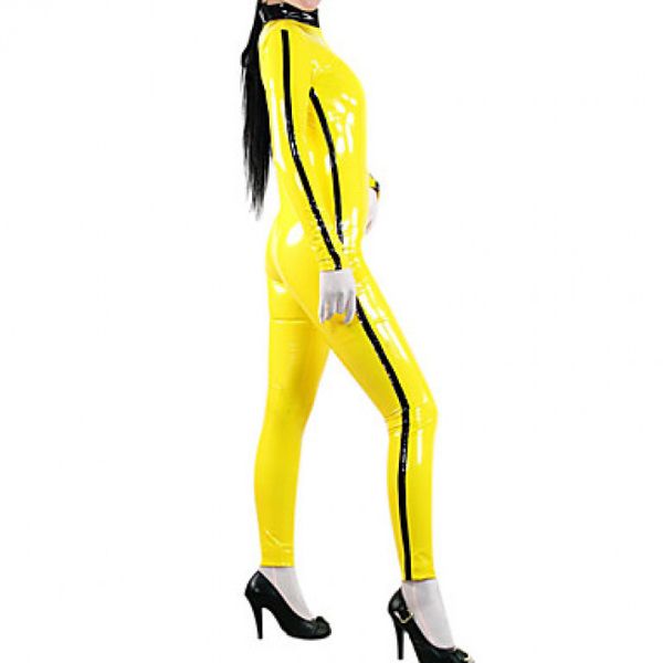 

cosplay halloween costumes yellow color with black striped pvc faux leather sports jumpsuit party nightclub stage costume